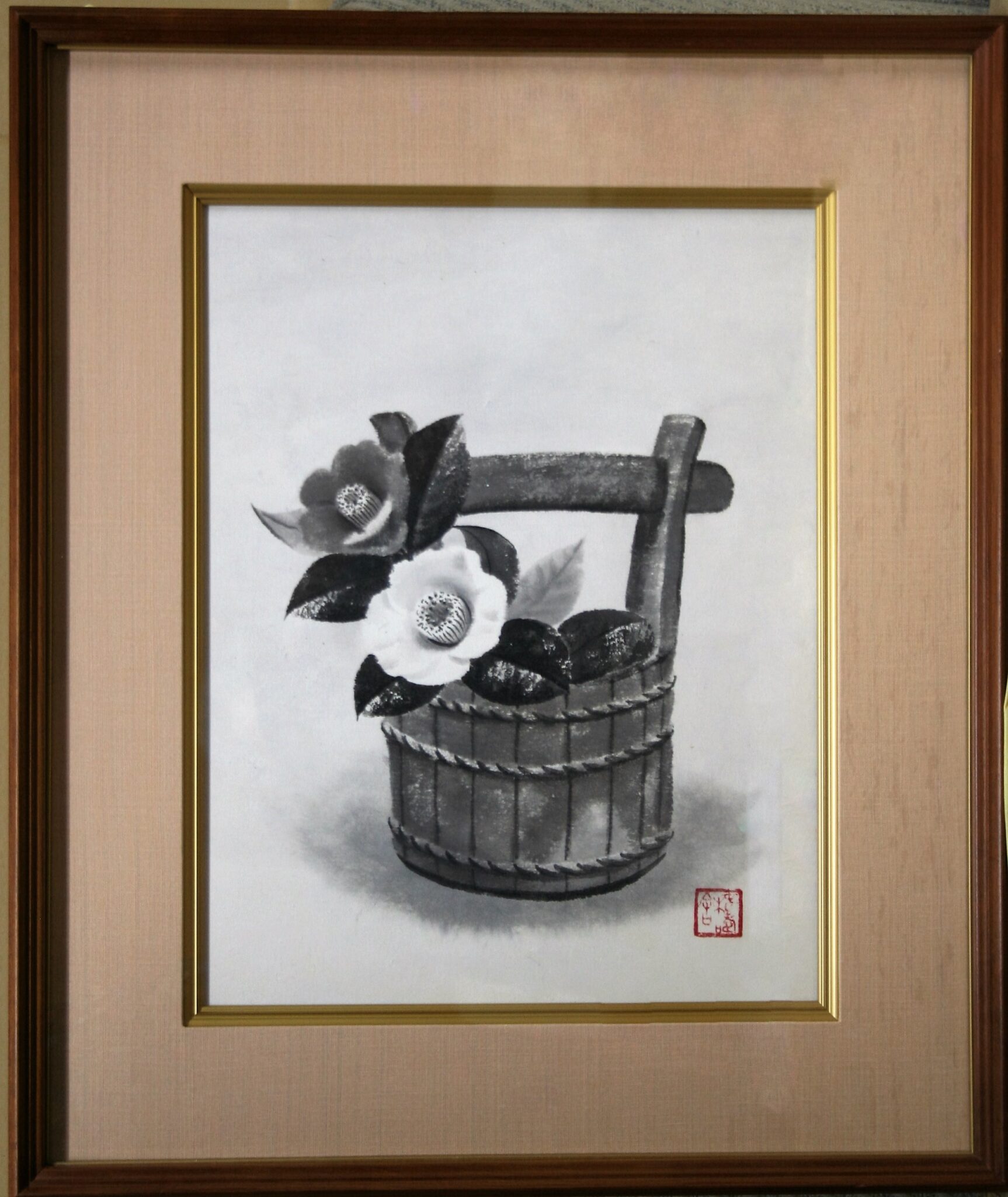 穐月 明 「 籠の椿 」 水墨画 F４ ( ４号 )【中古】 水墨画